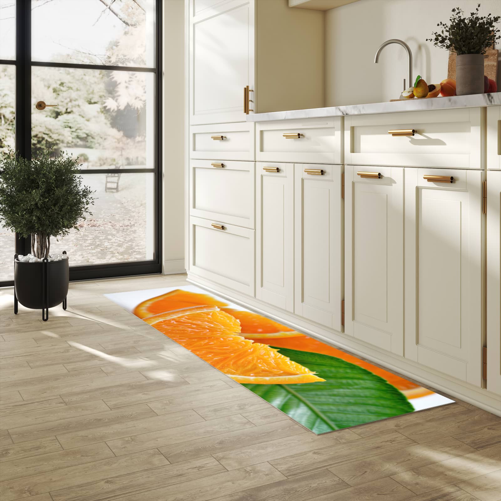 Küchenteppich mit Motiv Orangenscheiben in heller Küche für sicheres Aufbewahren