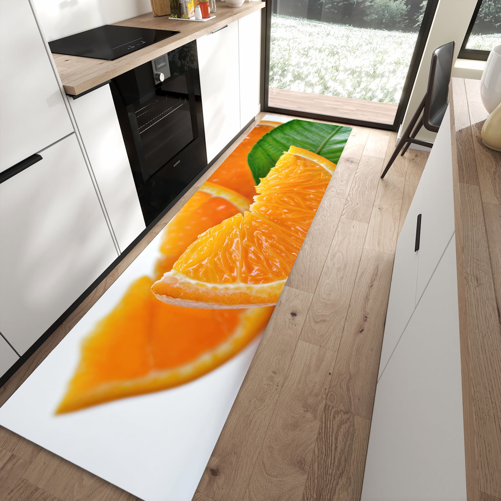 Rutschfester waschbarer Küchenteppich mit Motiv Orangenscheiben in moderner Küche