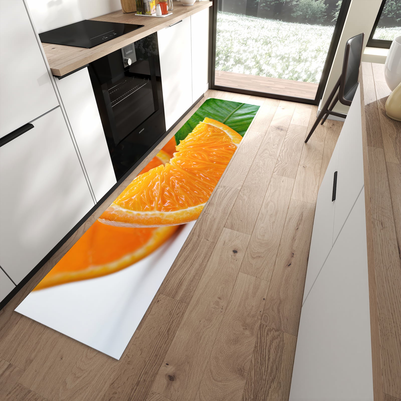 Pflegeleichter Küchenteppich mit Motiv Orangenscheiben in moderner Küche