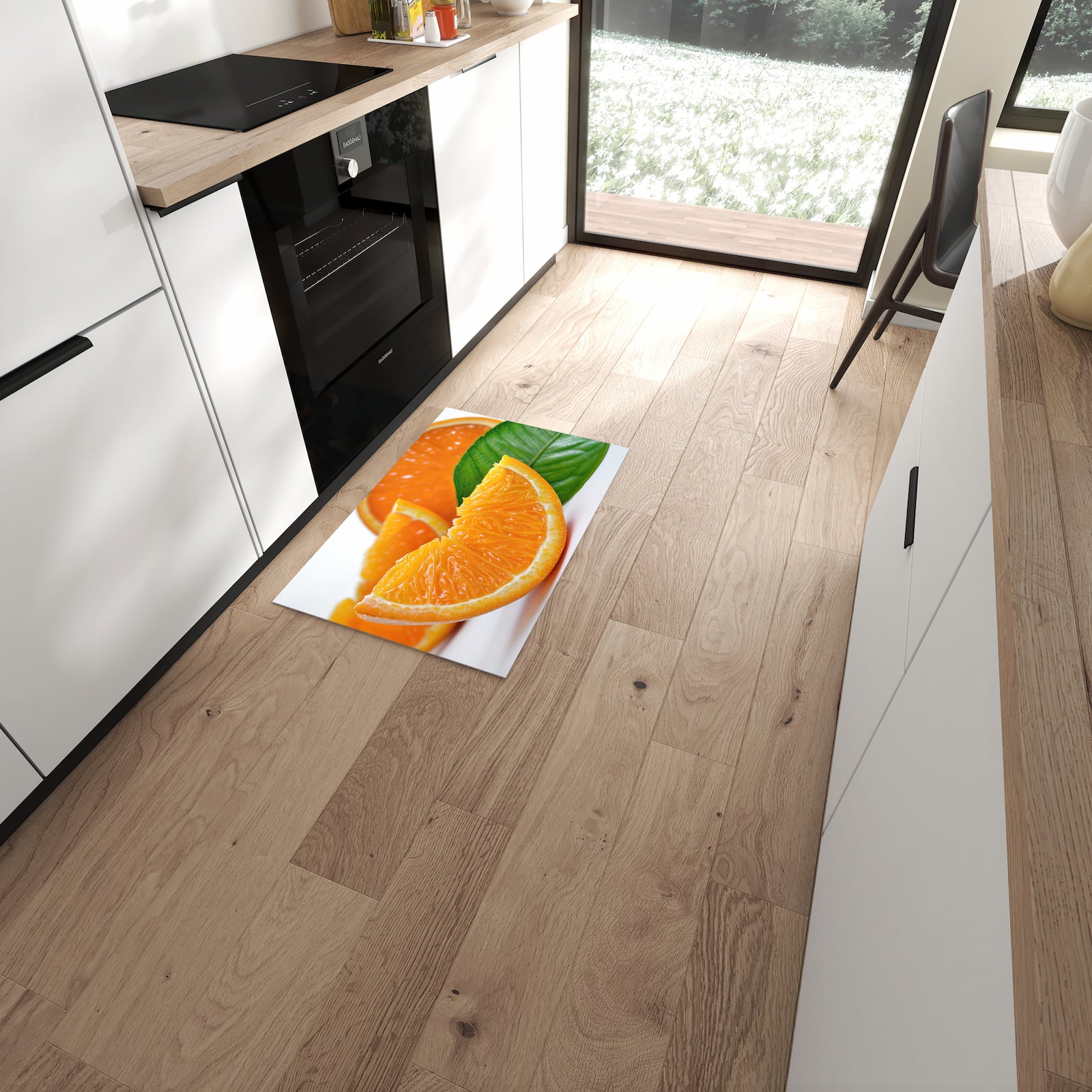 Hygienischer Läufer für die Küche mit Motiv Orangenscheiben in moderner Küche