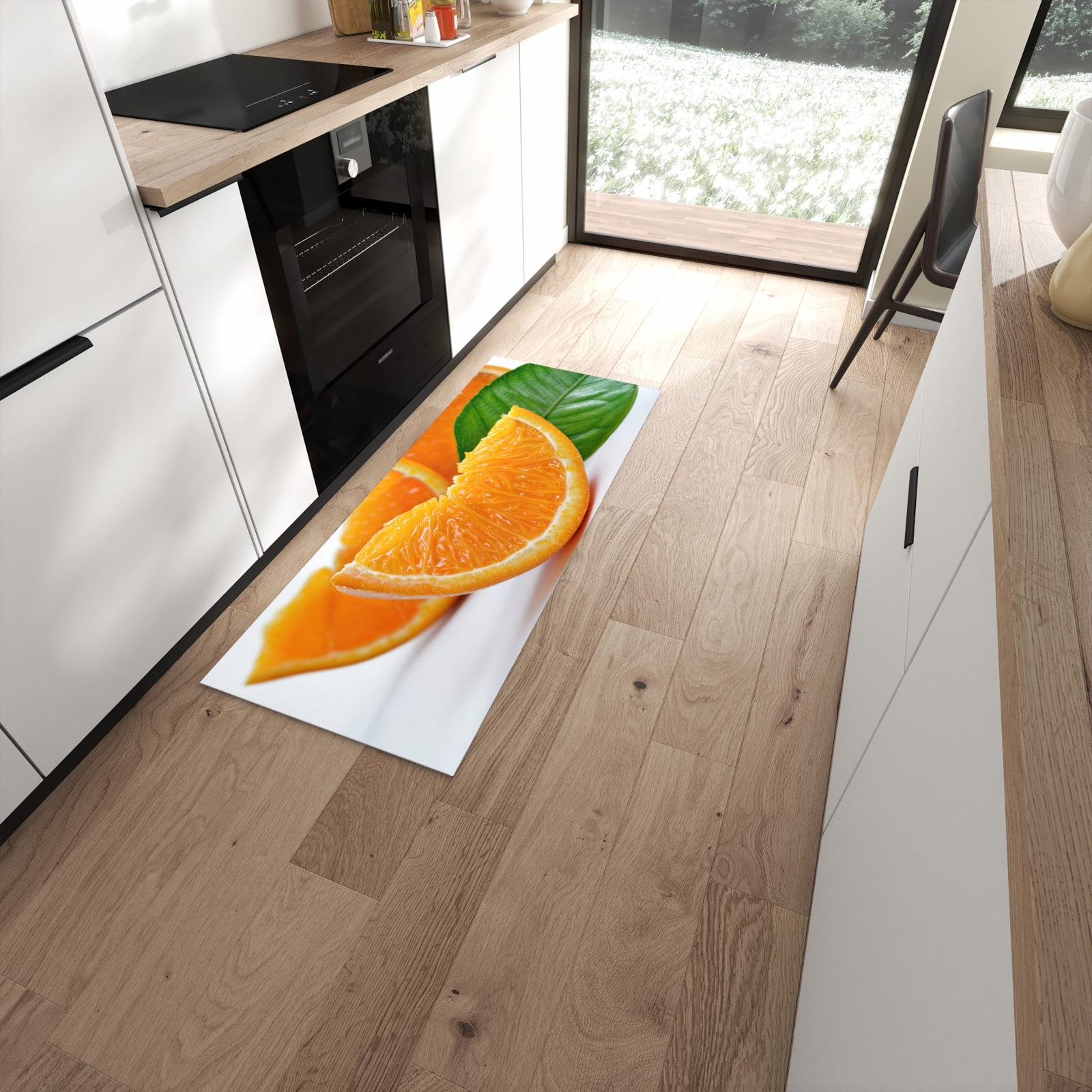 Pflegeleichter Teppich für die Küche mit Motiv Orangenscheiben in moderner Küche #grösse_60 x 150 cm