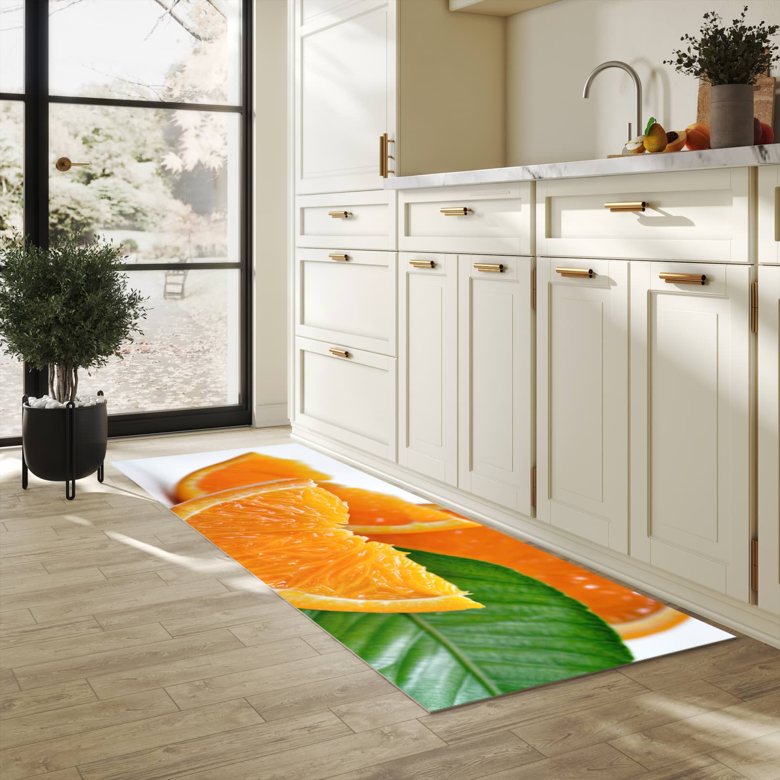 Komfortabler Küchenläufer mit Motiv Orangenscheiben in heller Küche für angenehmes Stehen