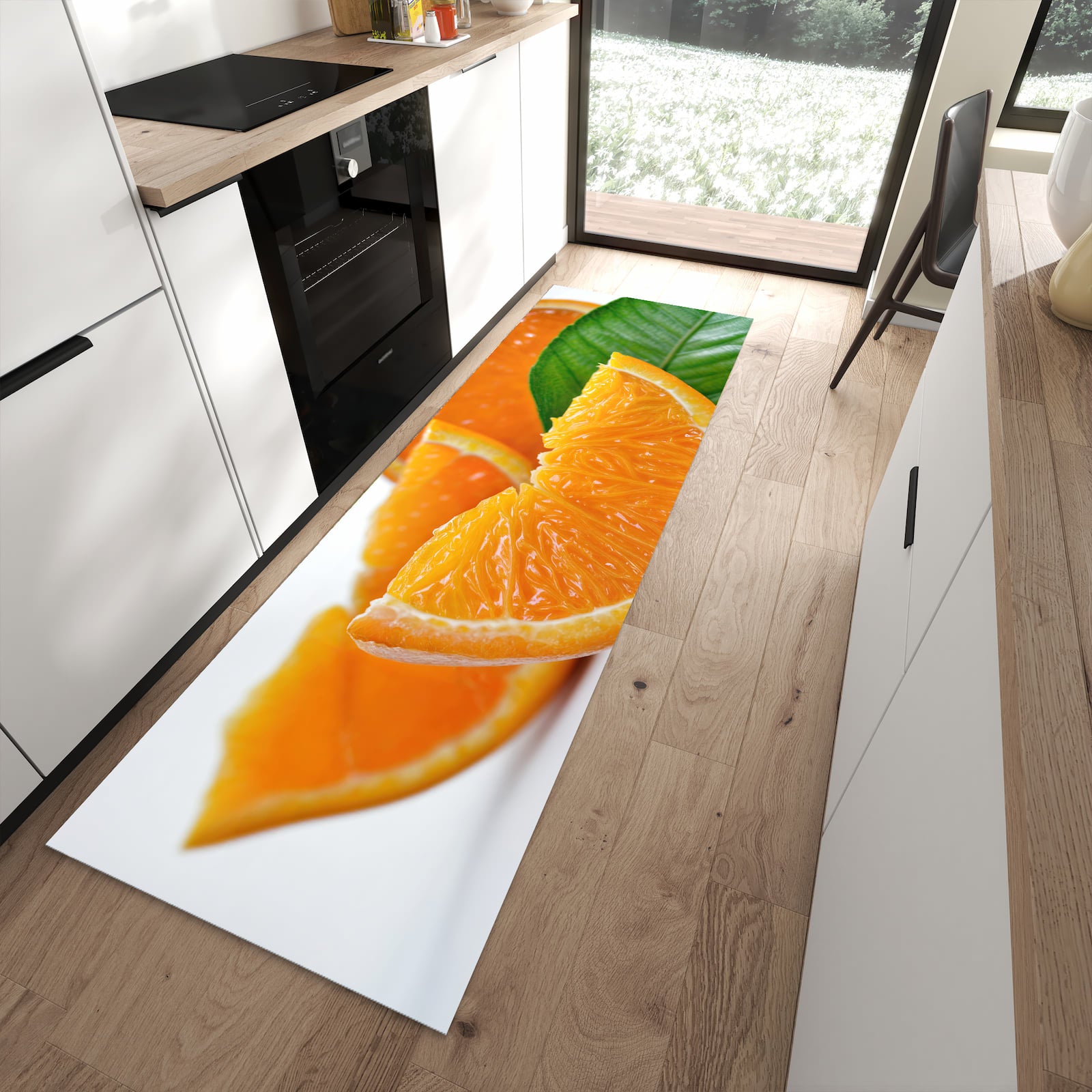 Waschbarer Küchenteppich mit Motiv Orangenscheiben in moderner Küche