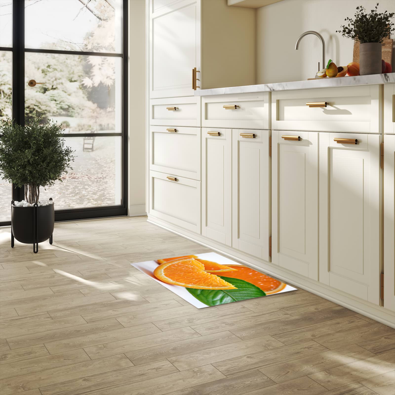 Abriebfester waschbarer Teppich Küche mit Motiv Orangenscheiben in heller Küche