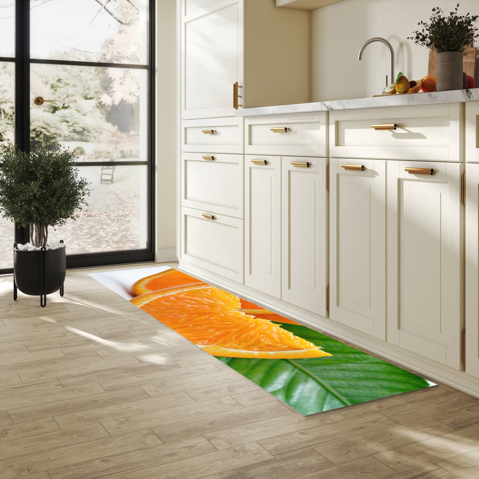 Zeitsparender Küchenteppich mit Motiv Orangenscheiben in heller Küche