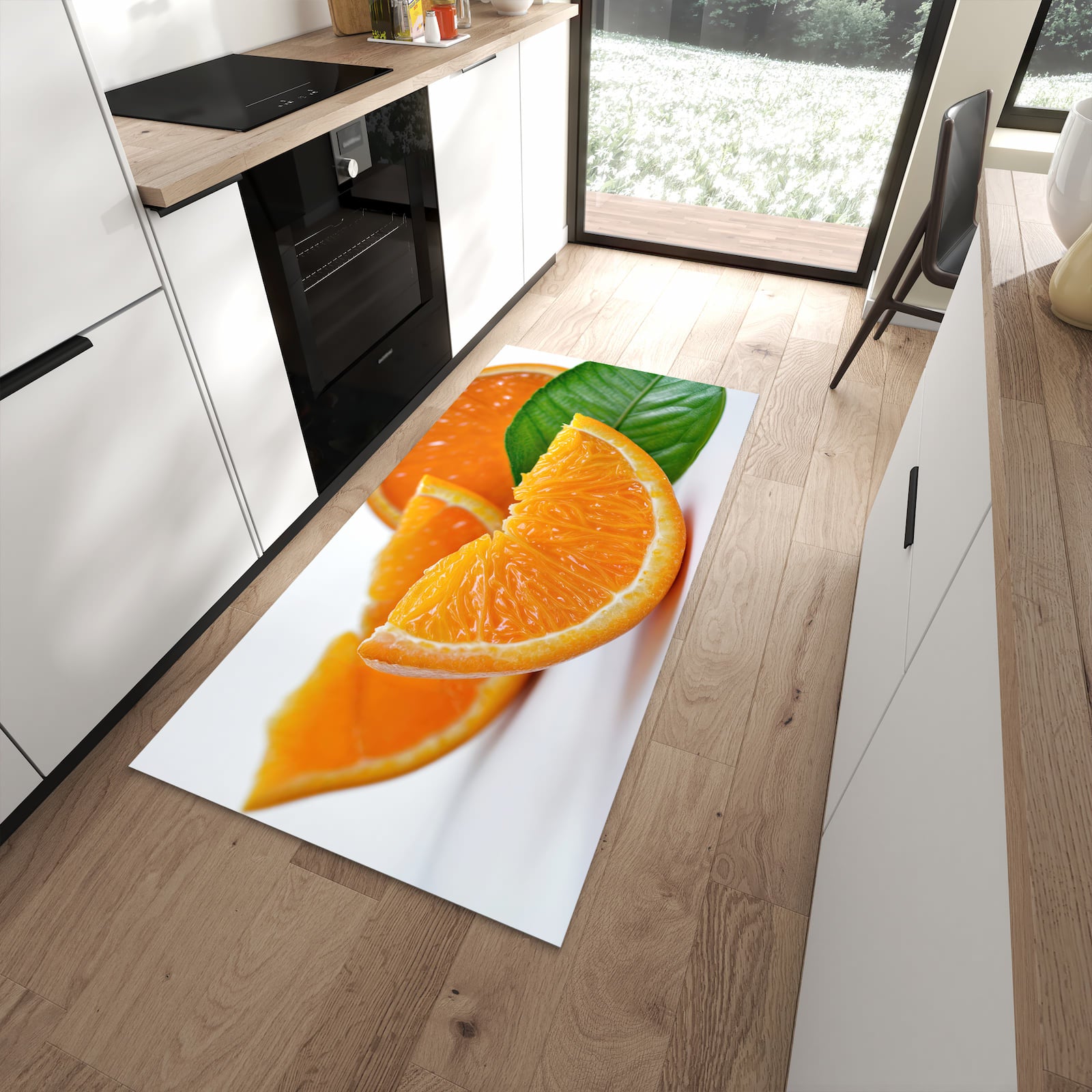 Feuchtigkeitsresistenter Küchenläufer mit Motiv Orangenscheiben in moderner Küche