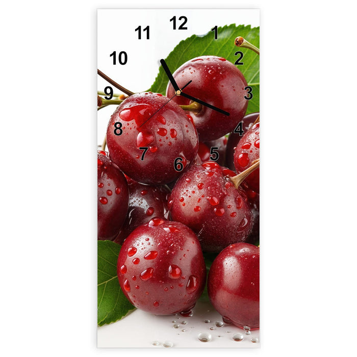 Wanduhr Frische Kirschen Nahaufnahme aus Glas – Hochformat 30 × 60 cm mit Ziffernblatt Modern