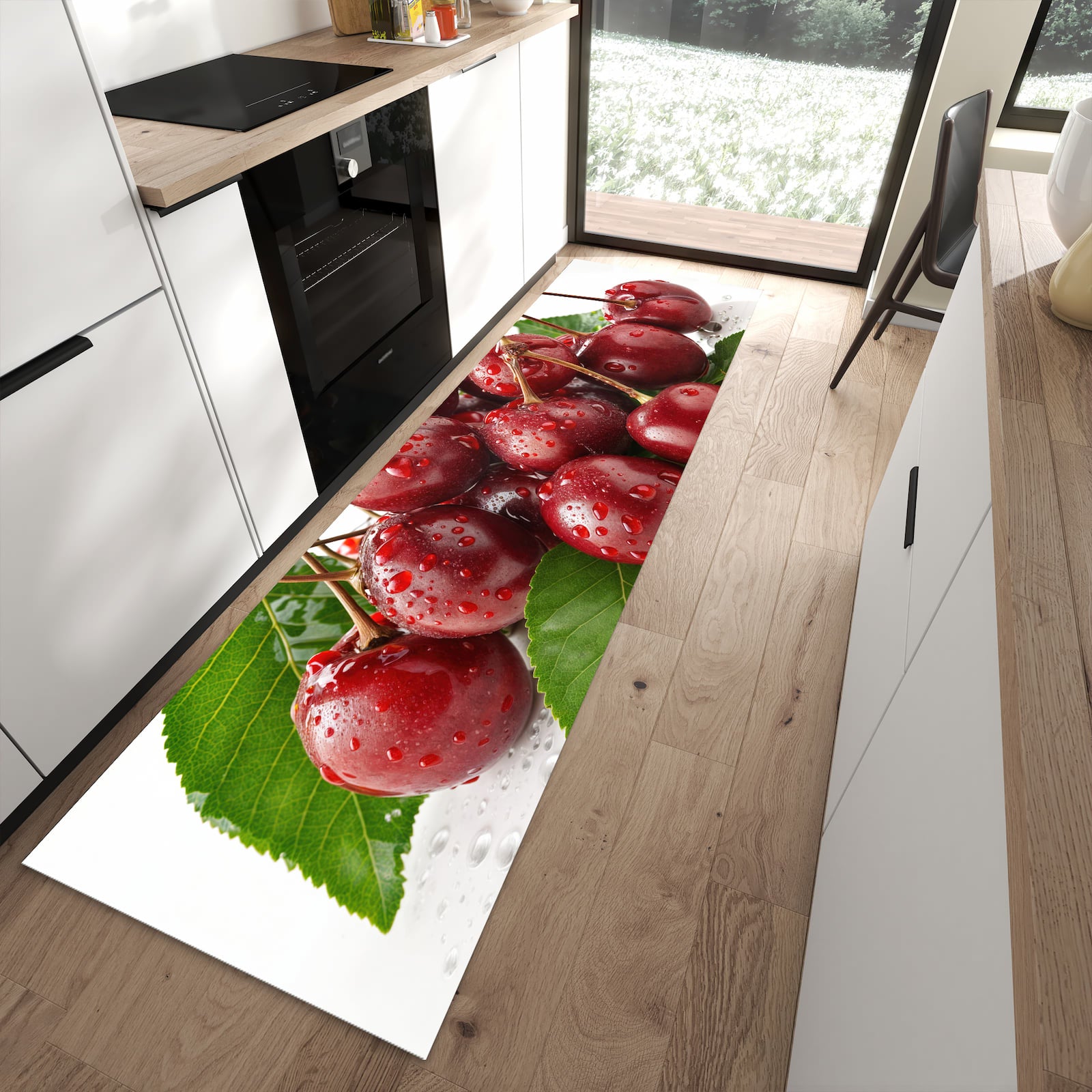 Fleckenresistenter abwaschbarer Küchenteppich mit Motiv Kirschen von Frische in moderner Küche