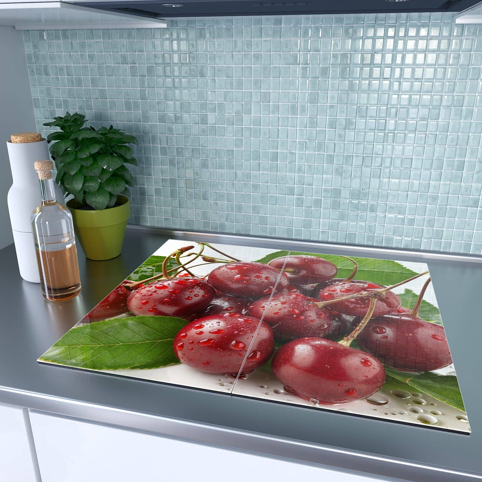 2-teilige Herdabdeckplatten aus Glas mit Frische Kirschen Nahaufnahme-Motiv auf dem Ceranfeld