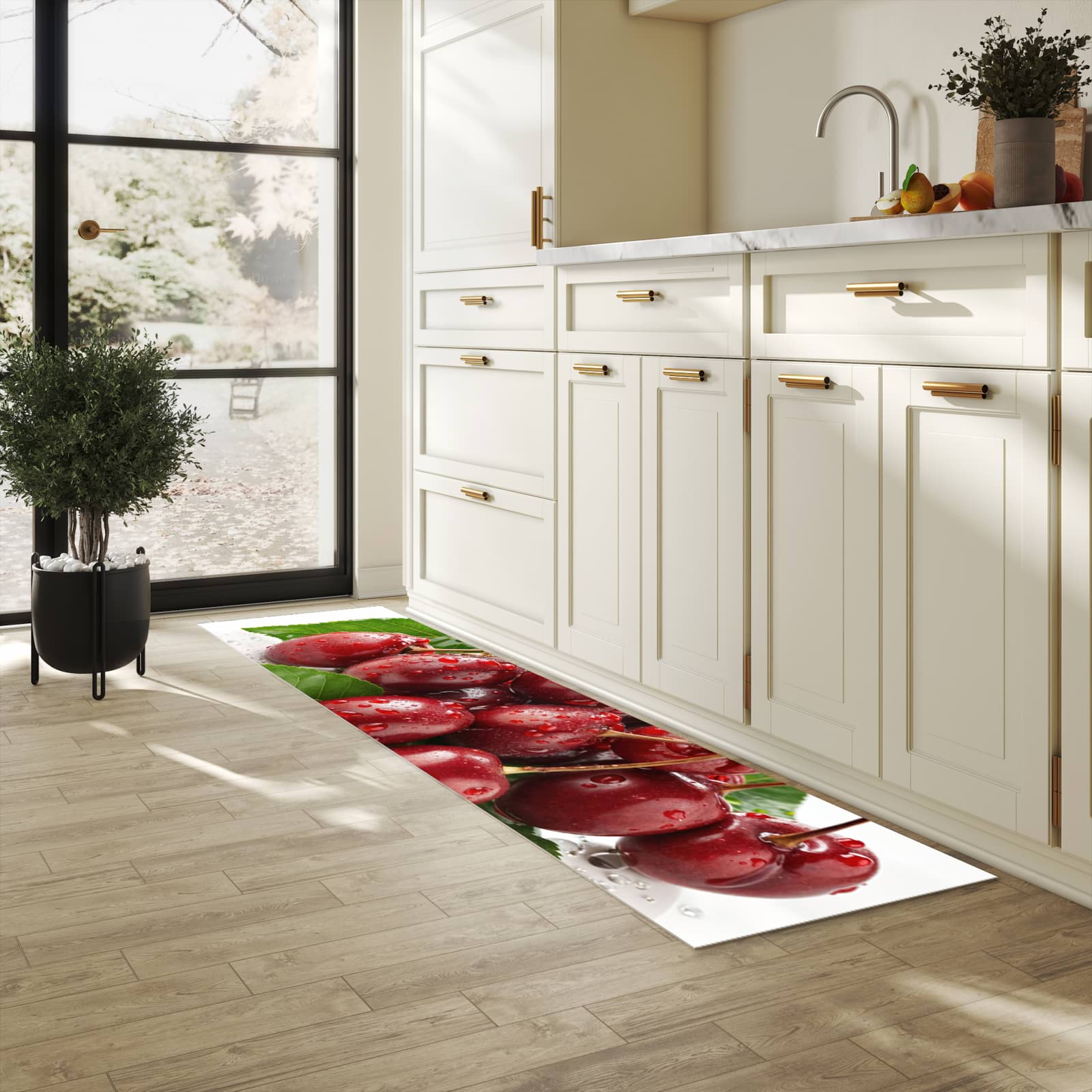 Abwaschbarer Küchenläufer mit Motiv Kirschen von Frische in heller Küche für angenehme Haptik