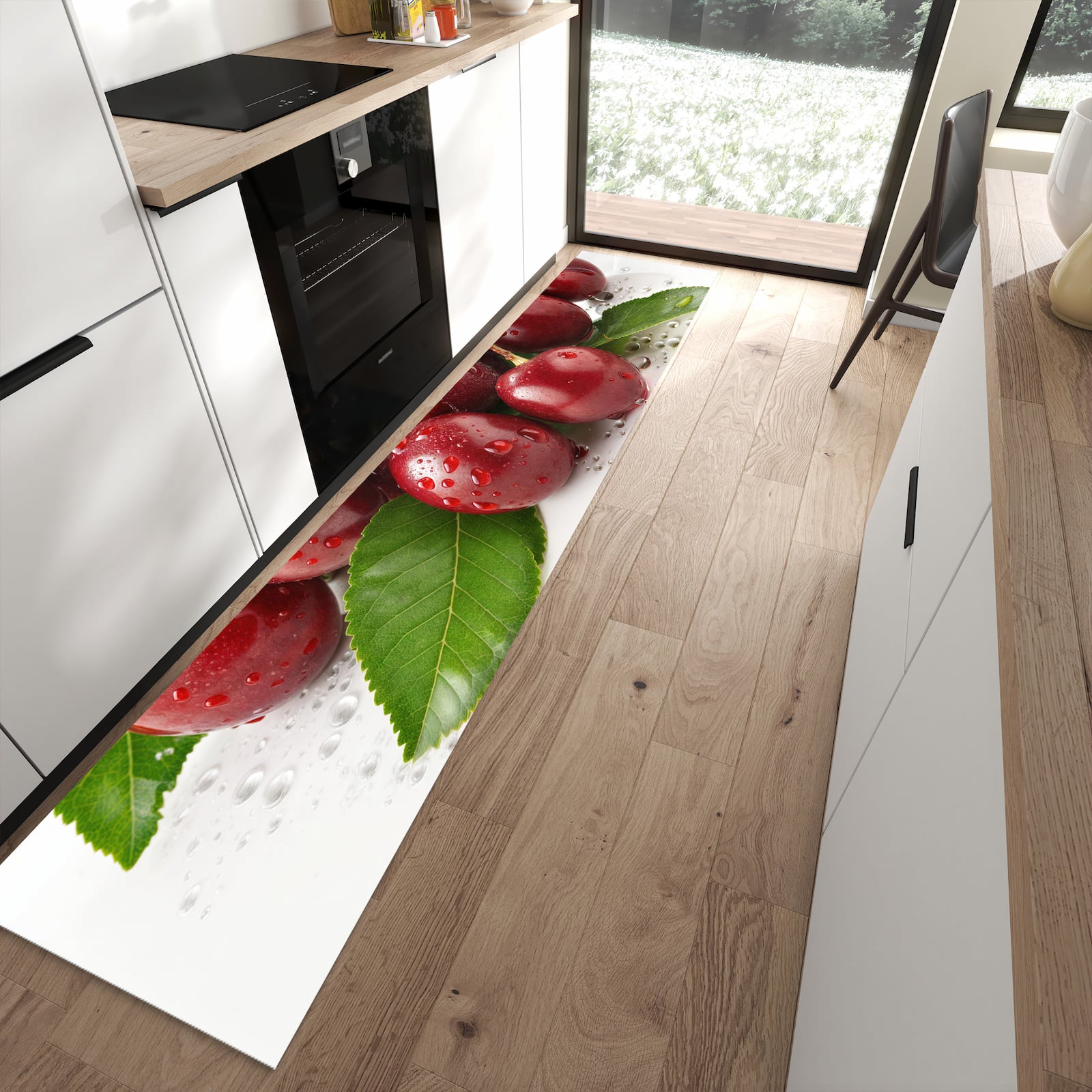 Abriebfester Küchenläufer nach Maß mit Motiv Kirschen von Frische in moderner Küche