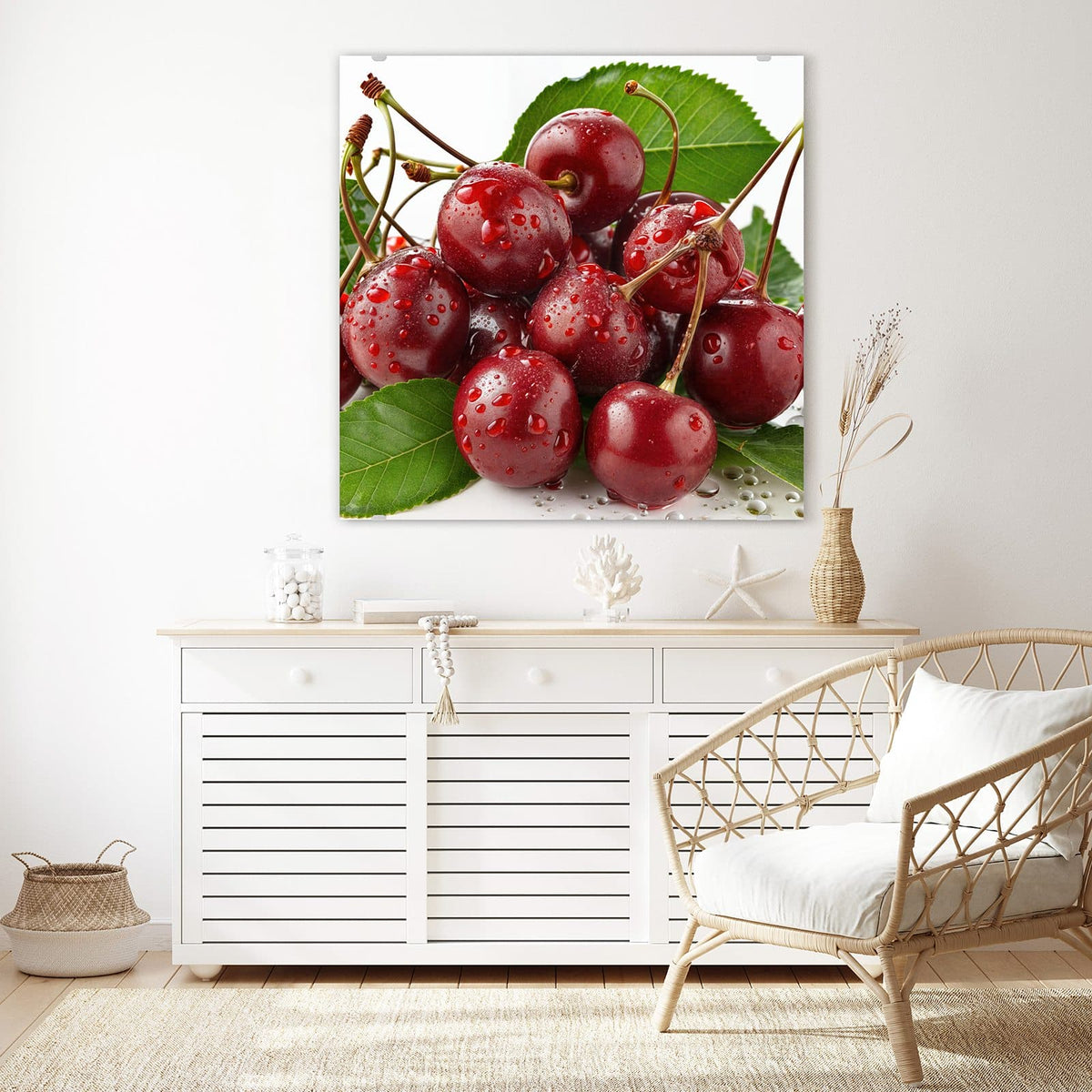 Echtglas, 4 mm – kein Acryl, keine Folie – Wandbild - Kirschen mit Tautropfen - Quadratisch
