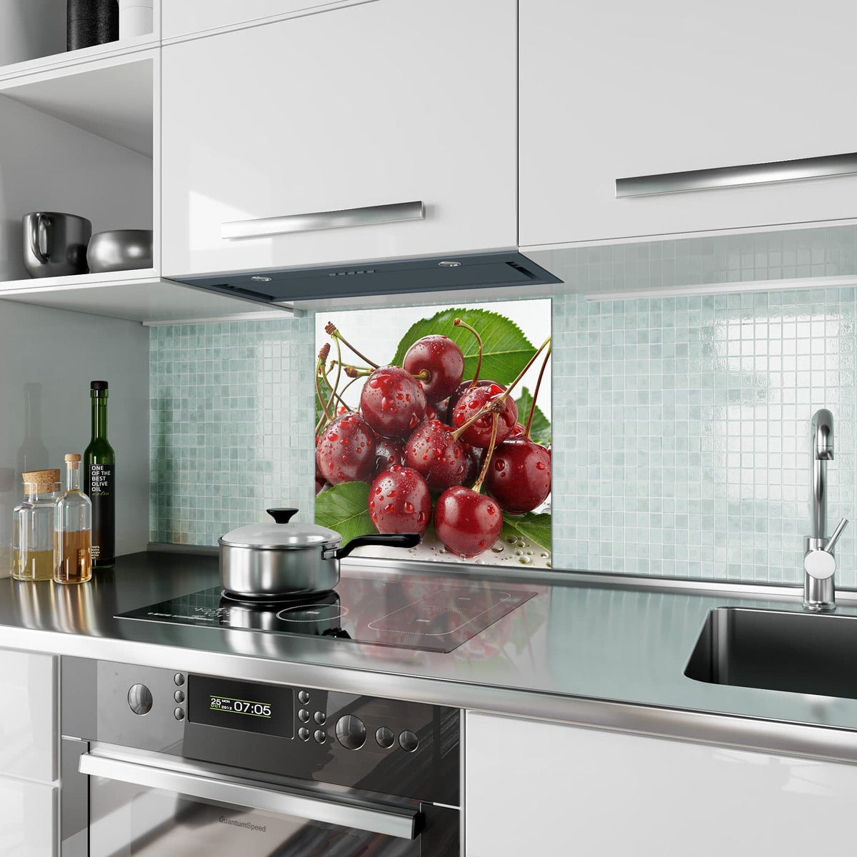 Küchenrückwand Kirschen mit Tautropfen aus Glas – Glänzende Kirschen zwischen grünen Blättern