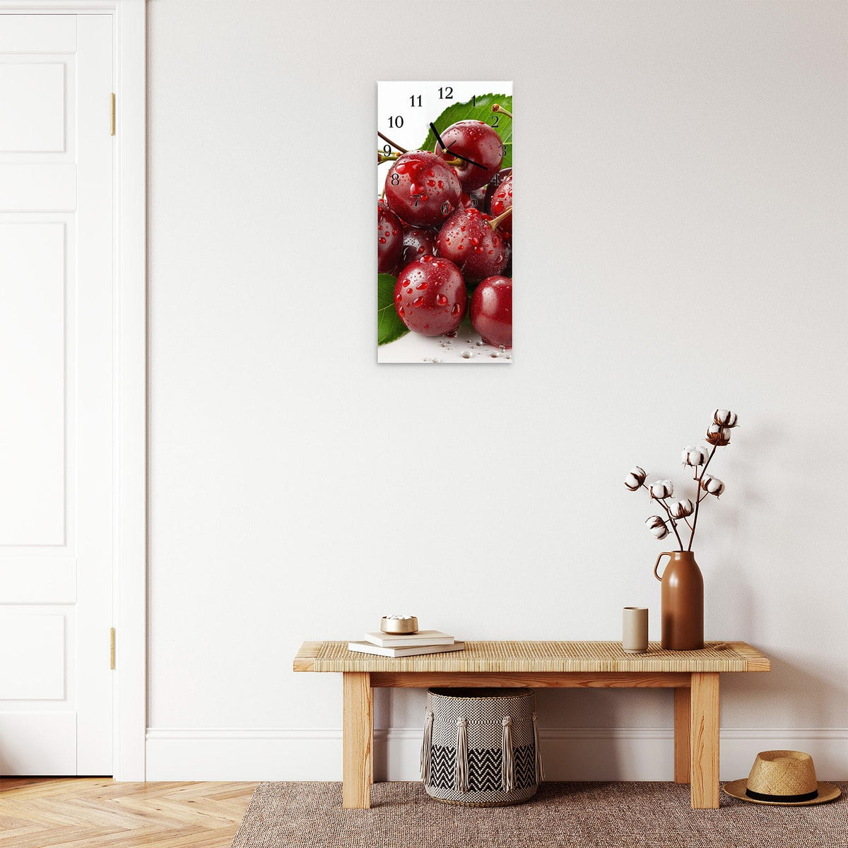 Moderne Wanduhr aus Glas mit Farbtiefe – Wanduhr Frische Kirschen Nahaufnahme aus Glas – Hochformat 30 × 60 cm