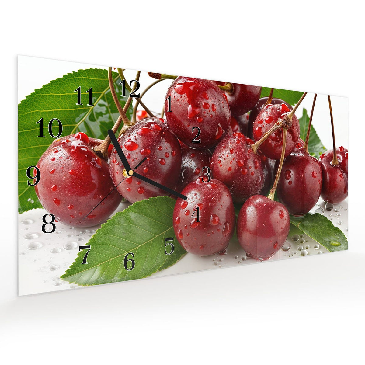 Vormontiert – mit Schwebeeffekt – Wanduhr Frische Kirschen Nahaufnahme aus Glas – Querformat 60 × 30 cm
