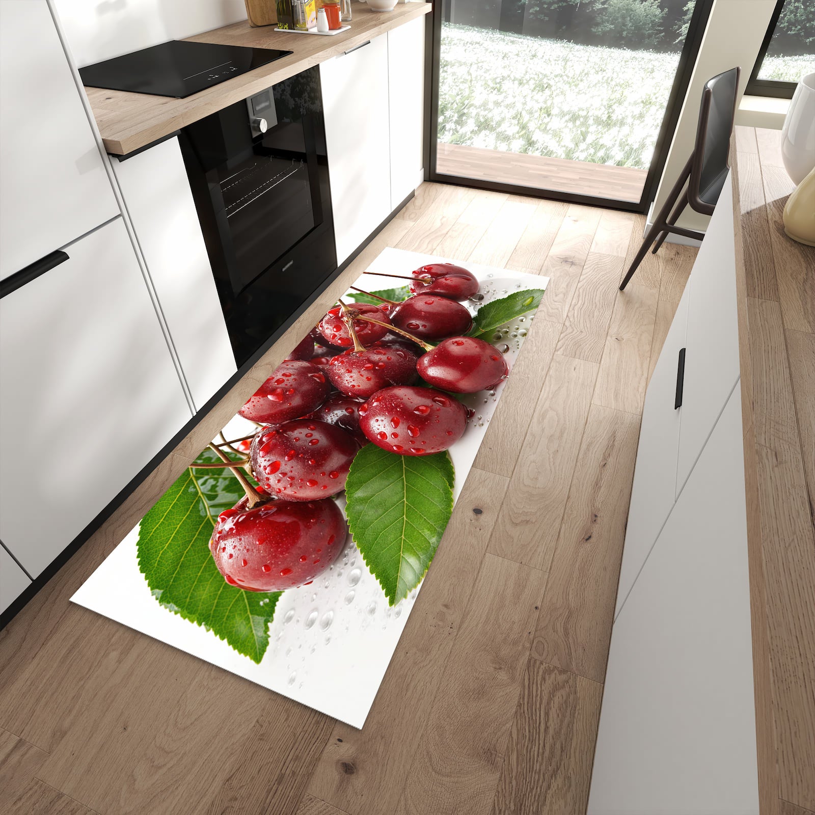Komfortabler Küchenläufer mit Motiv Kirschen von Frische in moderner Küche