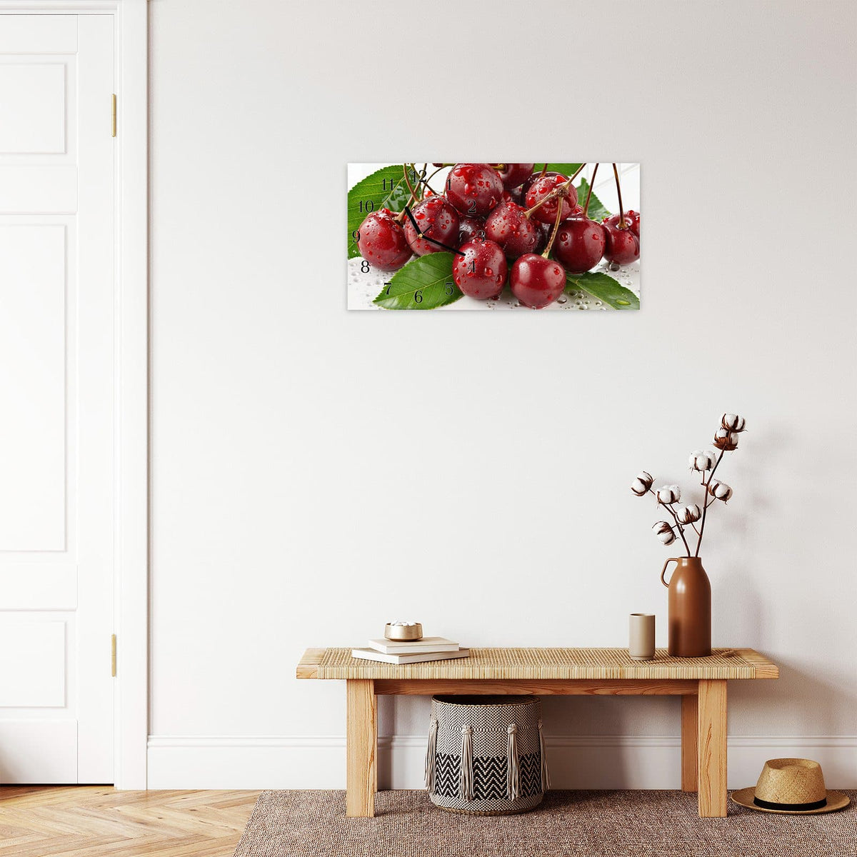 Moderne Wanduhr aus Glas mit Farbtiefe – Wanduhr Frische Kirschen Nahaufnahme aus Glas – Querformat 60 × 30 cm
