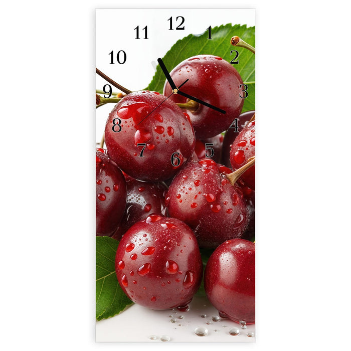Wanduhr Frische Kirschen Nahaufnahme aus Glas – Hochformat 30 × 60 cm mit Ziffernblatt Klassisch