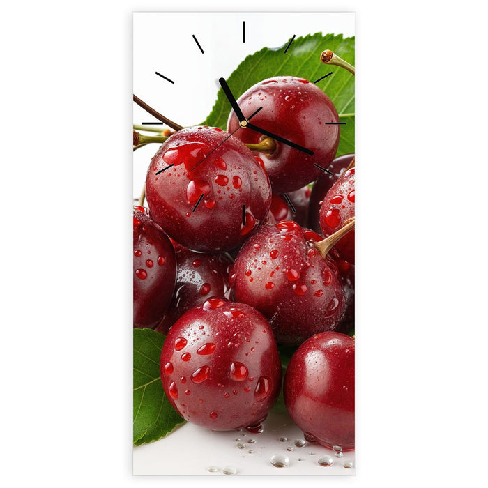 Wanduhr Frische Kirschen Nahaufnahme aus Glas – Hochformat 30 × 60 cm mit Ziffernblatt Linie