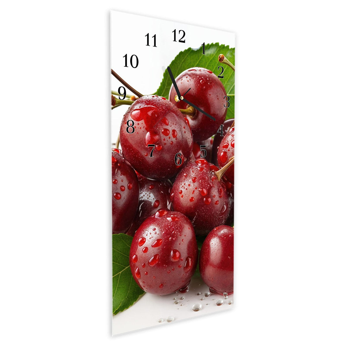 Vormontiert – mit Schwebeeffekt – Wanduhr Frische Kirschen Nahaufnahme aus Glas – Hochformat 30 × 60 cm