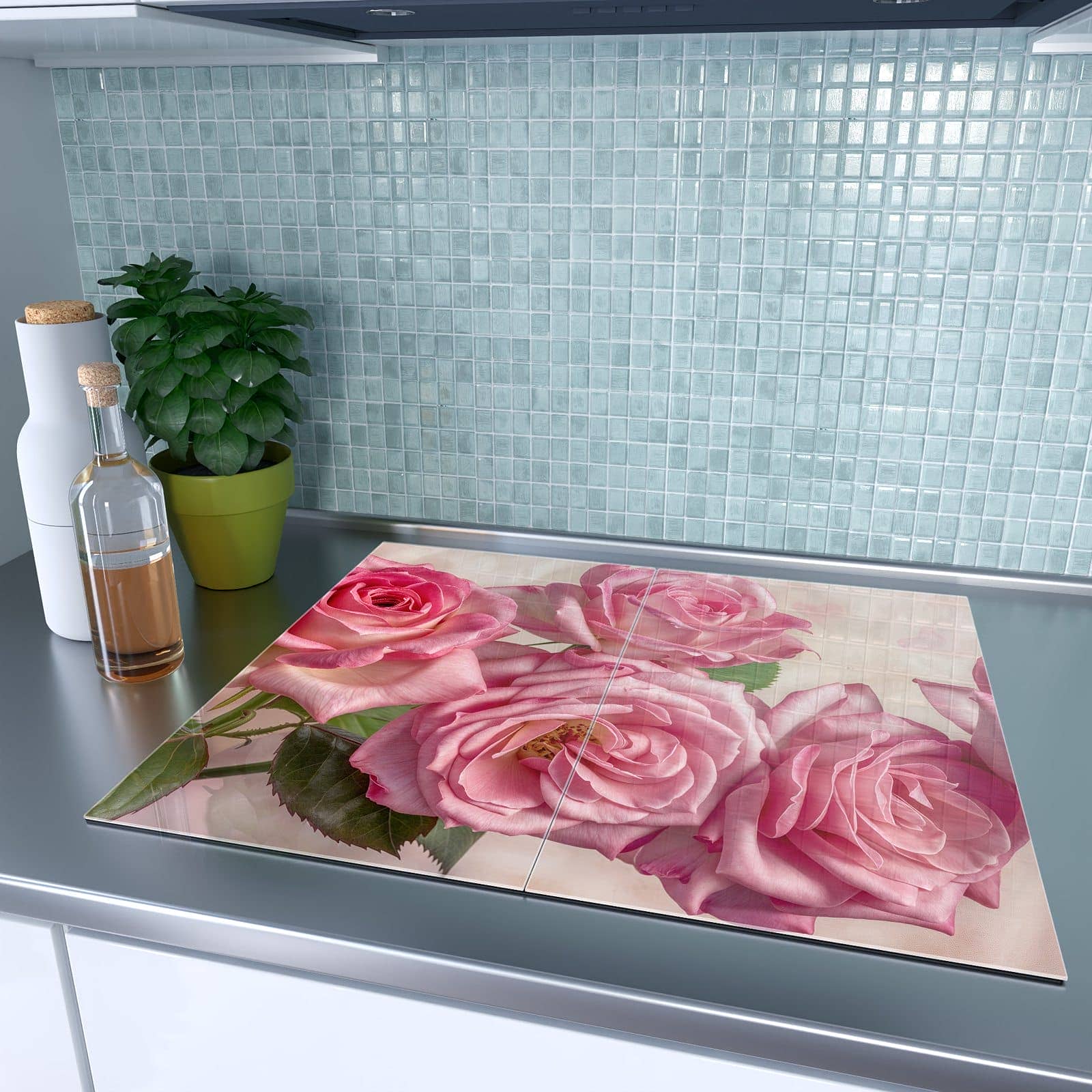 2-teilige Abdeckplatten für Ceranfeld mit Rosenblütenpracht-Motiv auf dem Ceranfeld