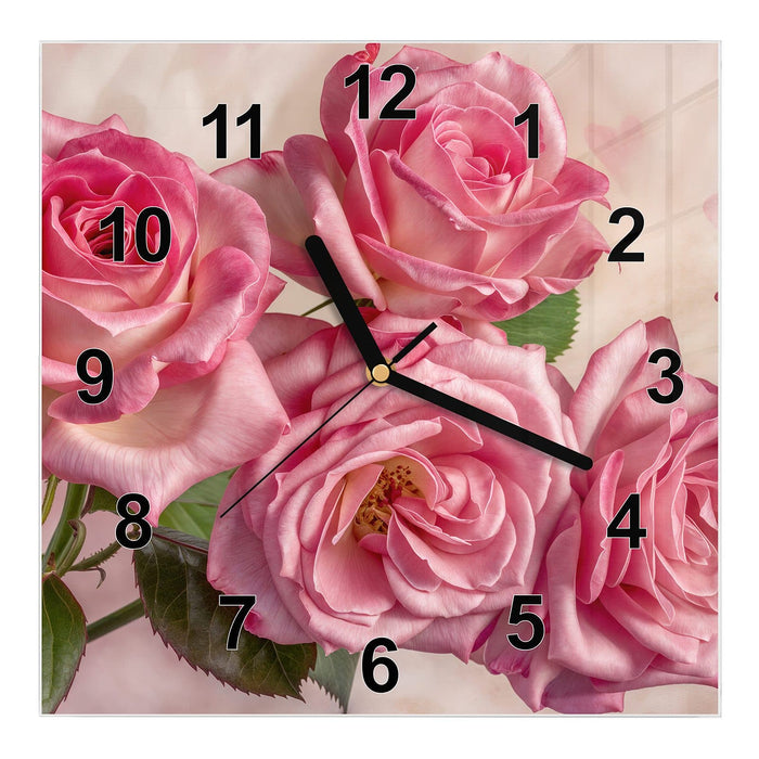 Wanduhr Rosenblütenpracht aus Glas – Quadratisch 30 × 30 cm mit Ziffernblatt Modern