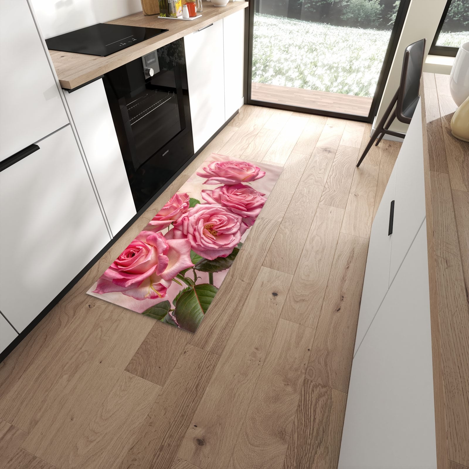 Rutschfester Küchenläufer mit Motiv Rosenblütenpracht in moderner Küche #grösse_60 x 150 cm