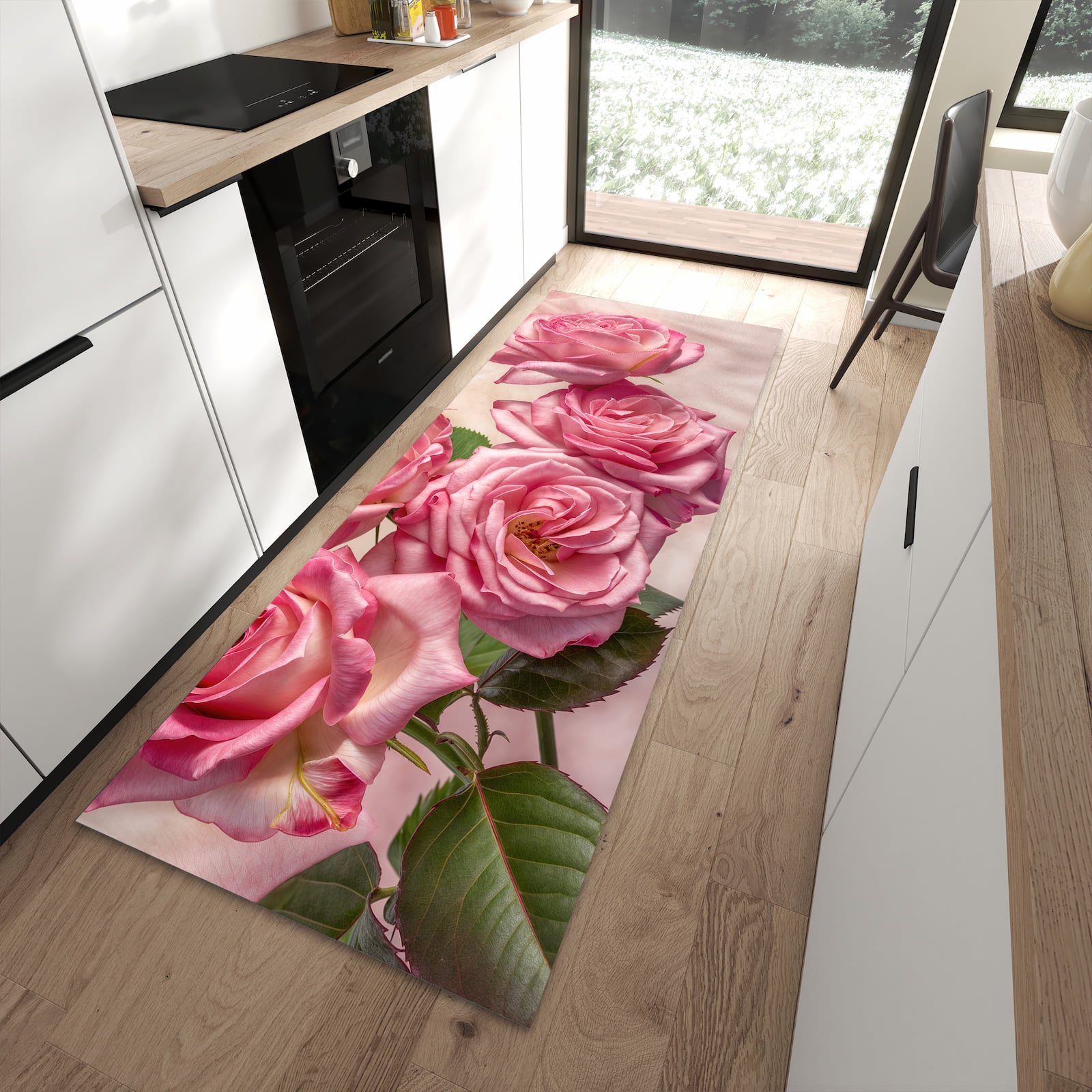 Bodenschonender Küchenläufer mit Motiv Rosenblütenpracht in moderner Küche