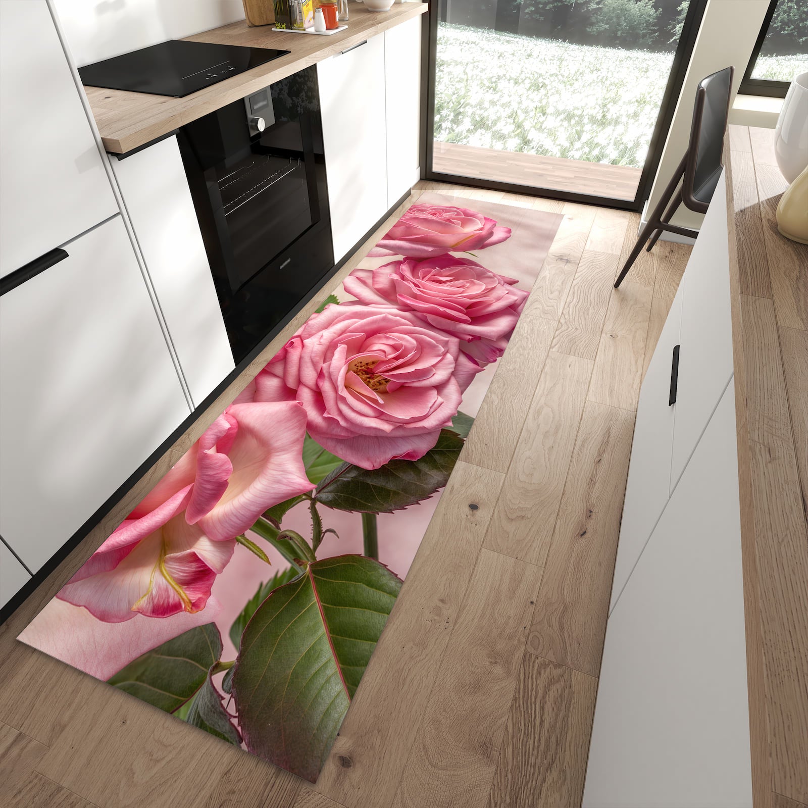 Feuchtigkeitsresistenter Küchenläufer mit Motiv Rosenblütenpracht in moderner Küche