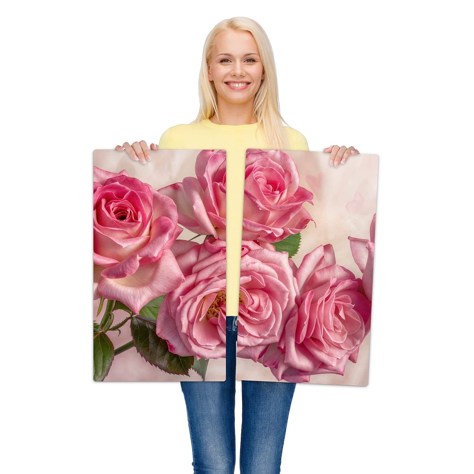 2-teilige Ceranfeld-Abdeckplatten mit Rosenblütenpracht-Motiv werden zur Größendarstellung gehalten