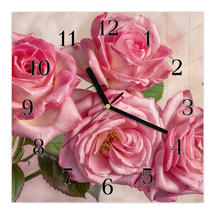 Wanduhr Rosenblütenpracht aus Glas – Quadratisch 30 × 30 cm mit Ziffernblatt Klassisch
