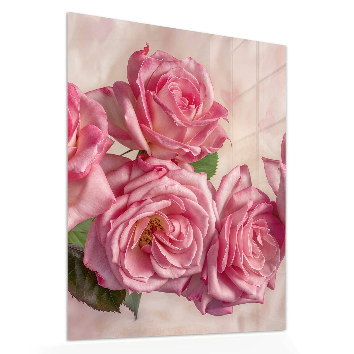 Echtglas, 4 mm – kein Acryl, keine Folie – Wandbild - Rosa Rosenblüten - Hochformat