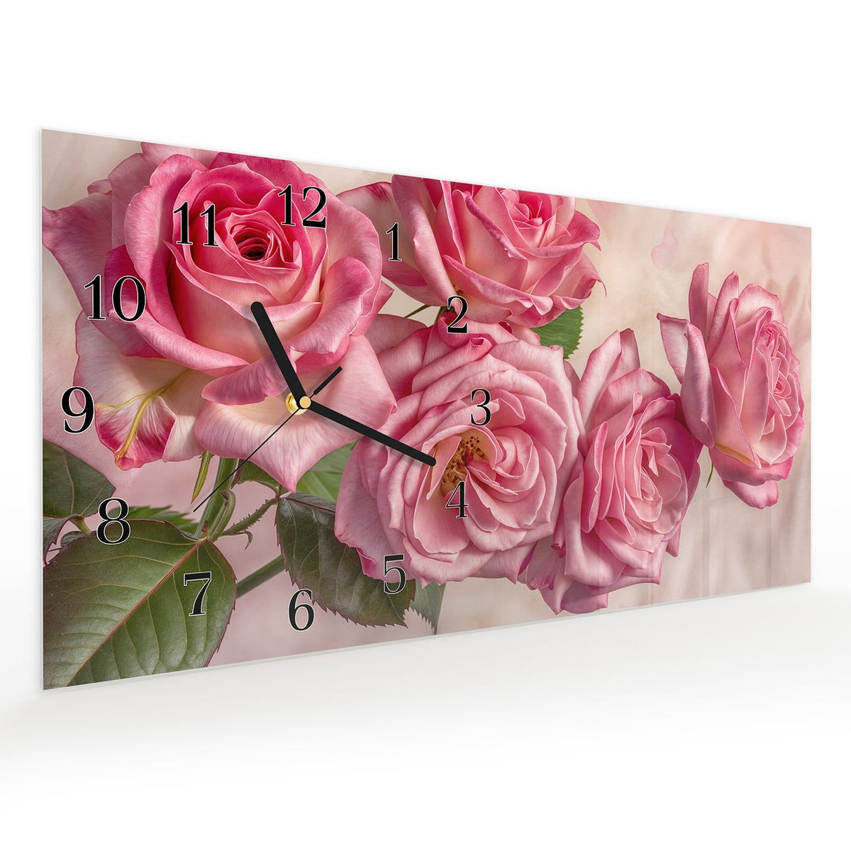 Vormontiert – mit Schwebeeffekt – Wanduhr Rosenblütenpracht aus Glas – Querformat 60 × 30 cm