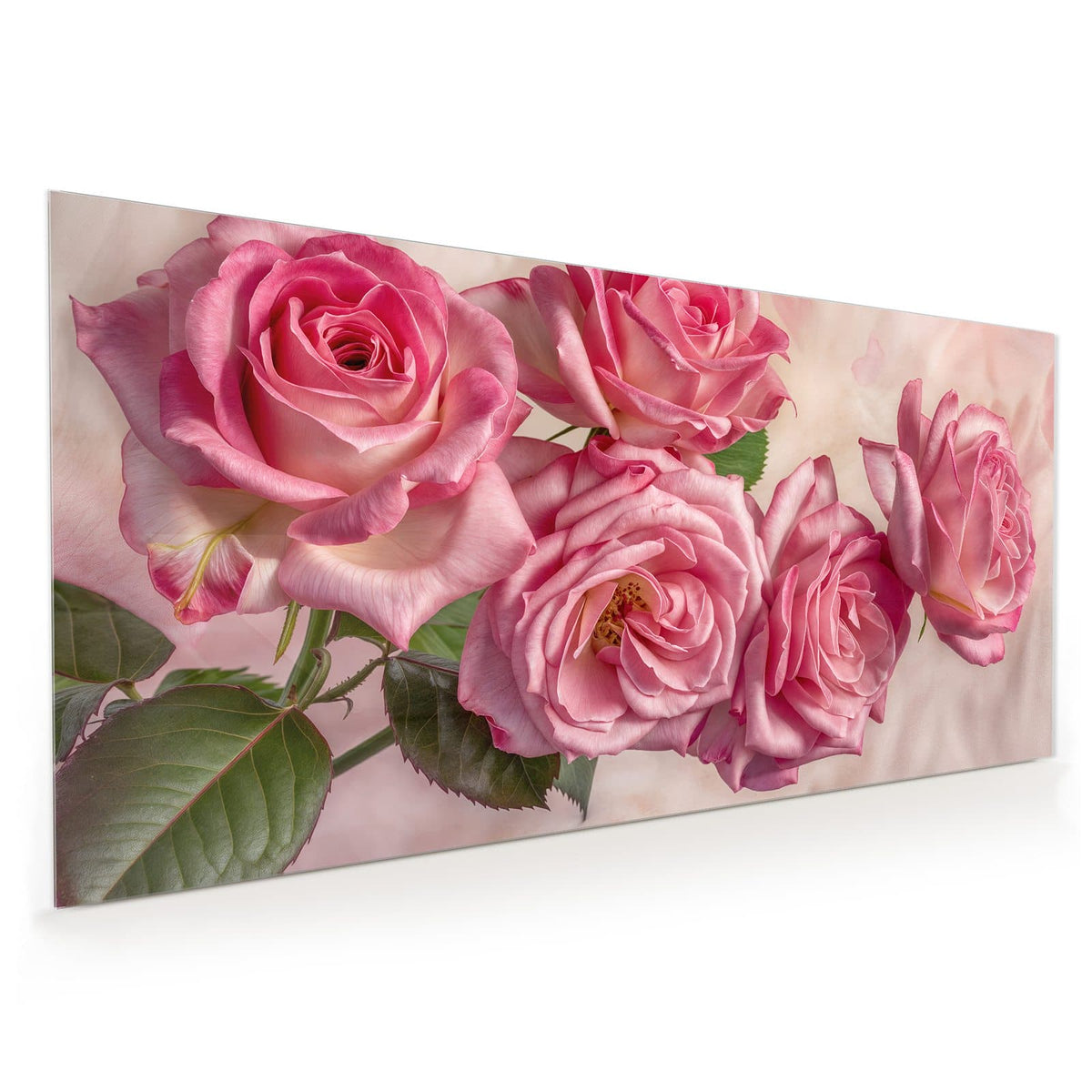 Küchenrückwand aus Glas im Hochformat: Vier weit geöffnete rosa Rosen in Nahaufnahme vor hellem Rosé, im Hintergrund nur schemenhafte Herzformen.