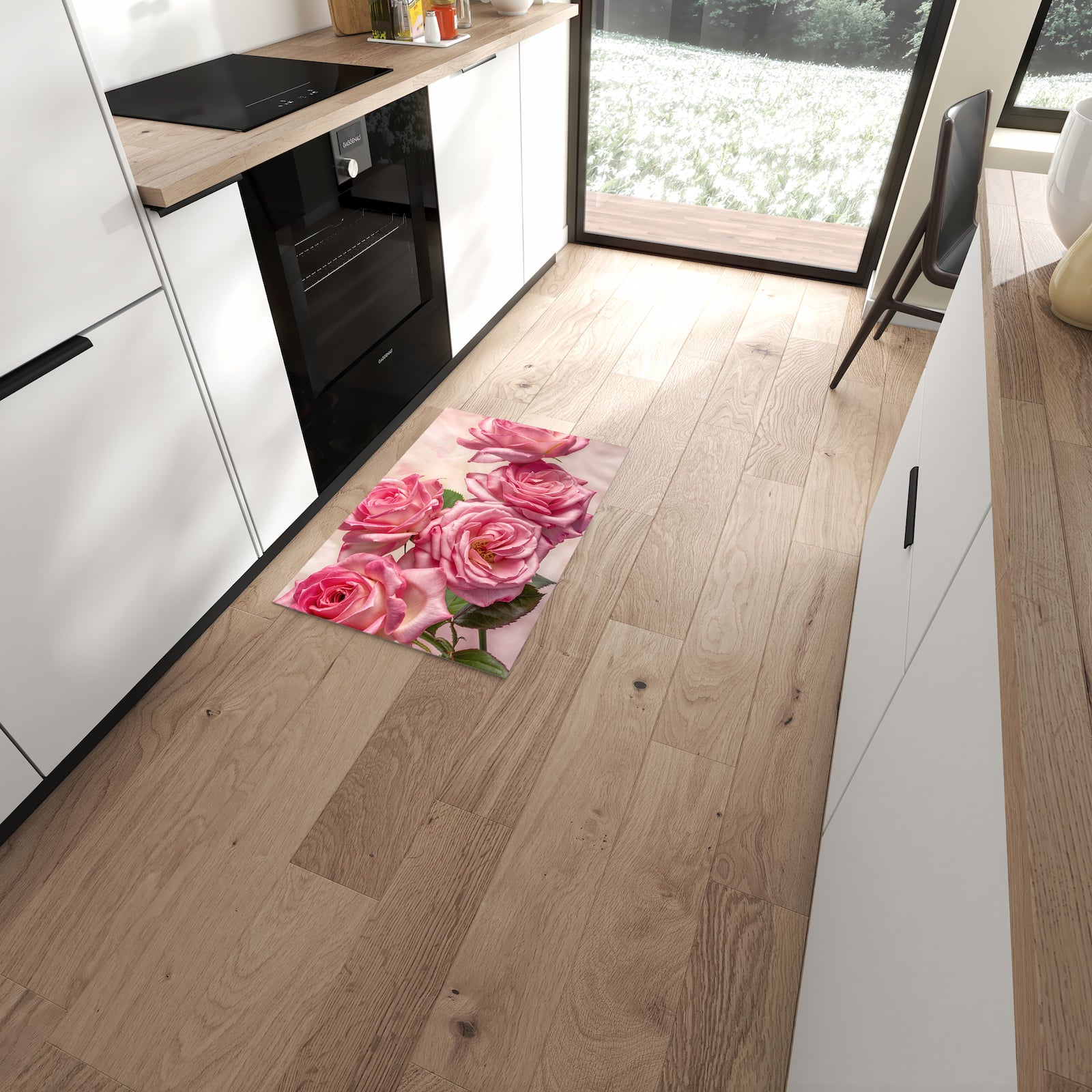 Waschbarer großer Küchenteppich mit Motiv Rosenblütenpracht in moderner Küche