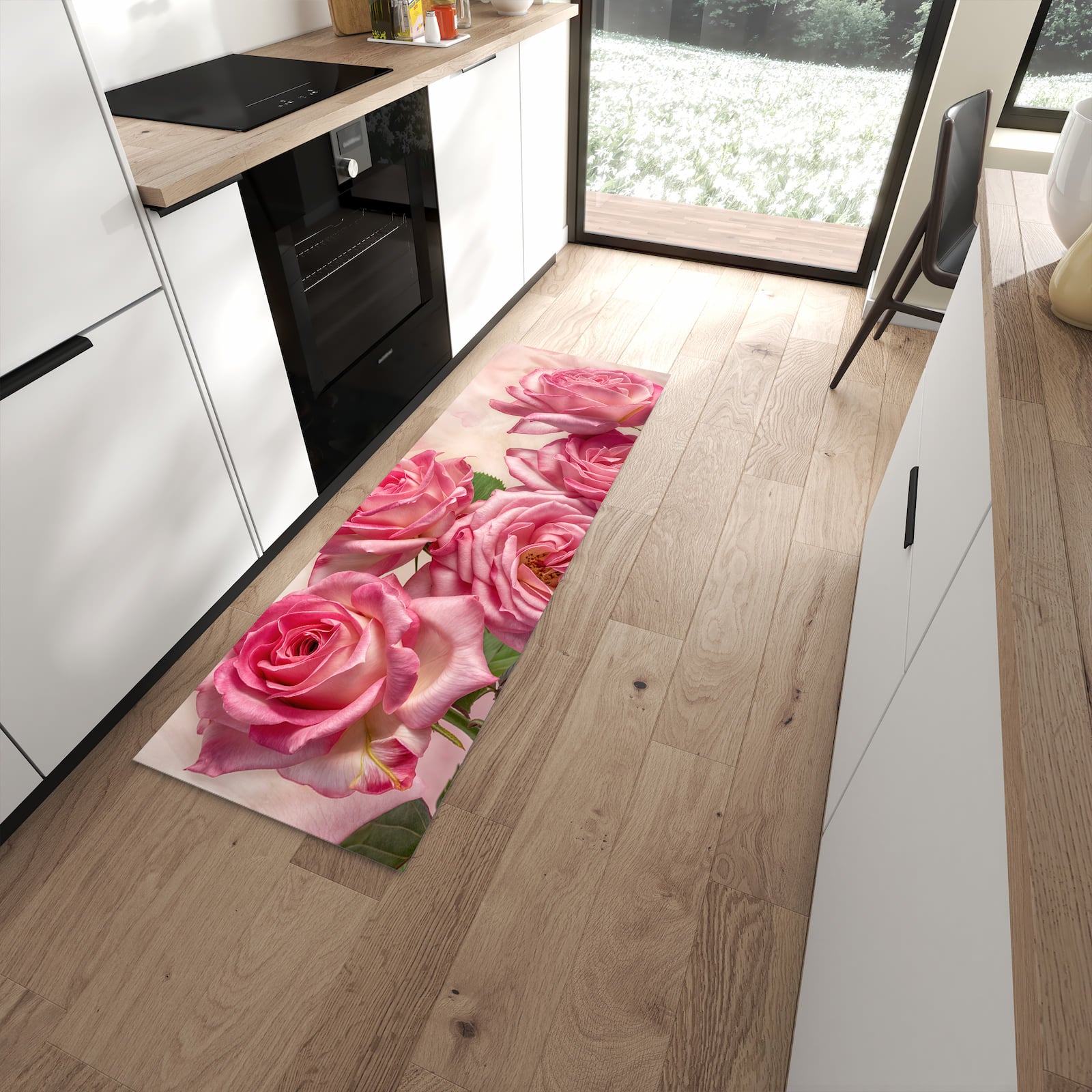 Rutschfester Küchenteppich mit Motiv Rosenblütenpracht in moderner Küche - leicht zu reinigen