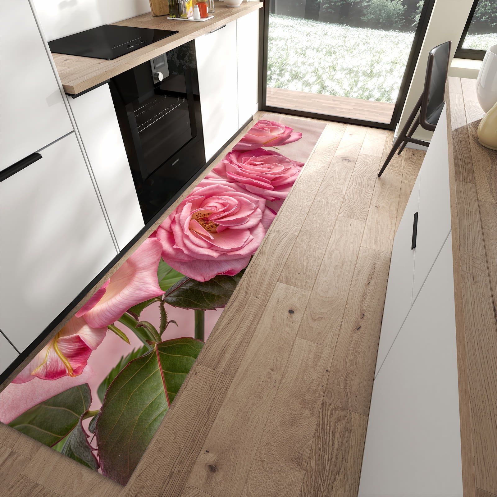 Strapazierfähiger waschbarer Küchenteppich mit Motiv Rosenblütenpracht in moderner Küche