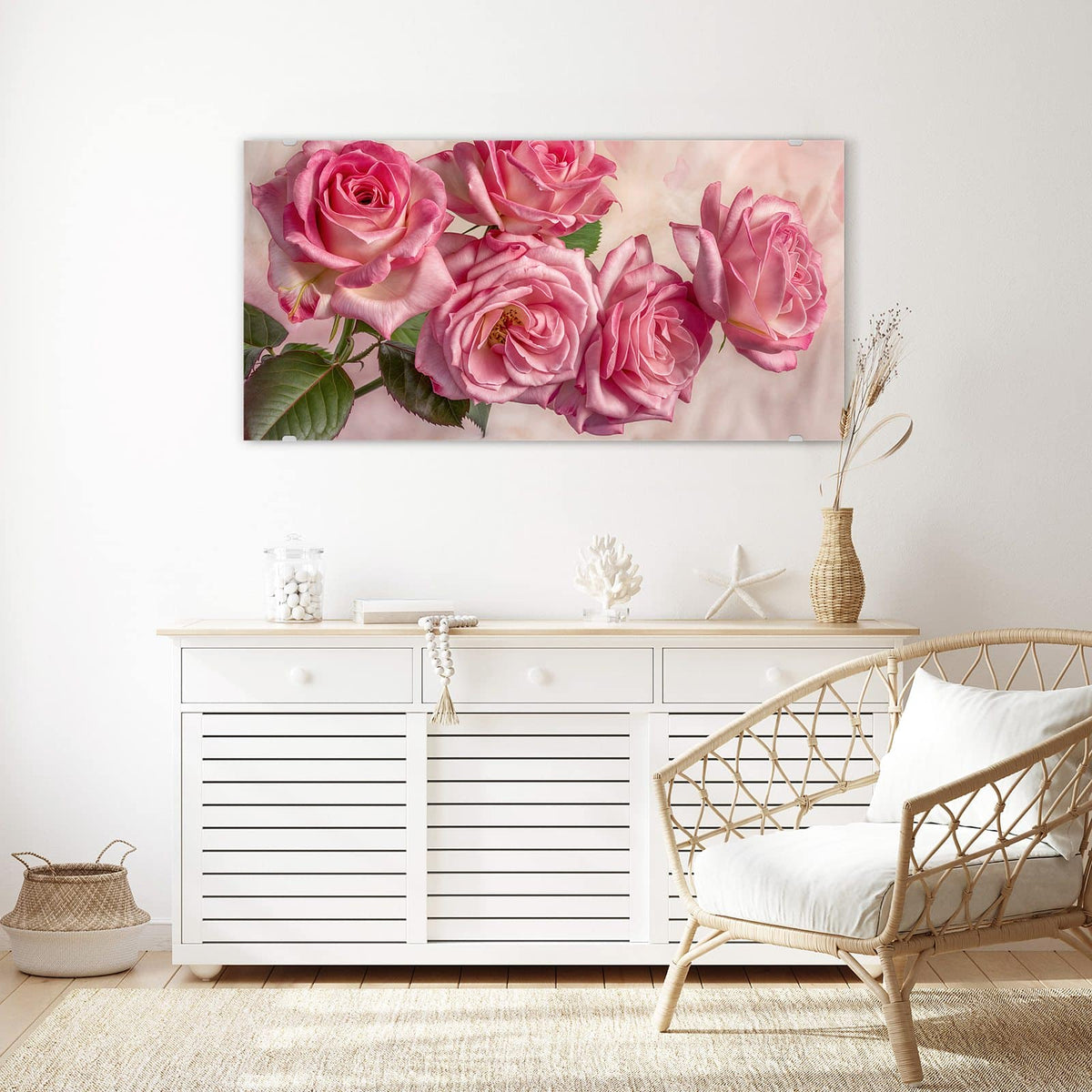 Echtglas, 4 mm – kein Acryl, keine Folie – Wandbild - Rosa Rosenblüten - Querformat