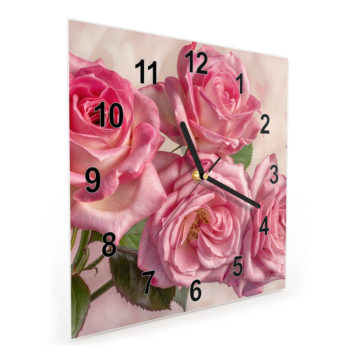 Vormontiert – mit Schwebeeffekt – Wanduhr Rosenblütenpracht aus Glas – Quadratisch 30 × 30 cm