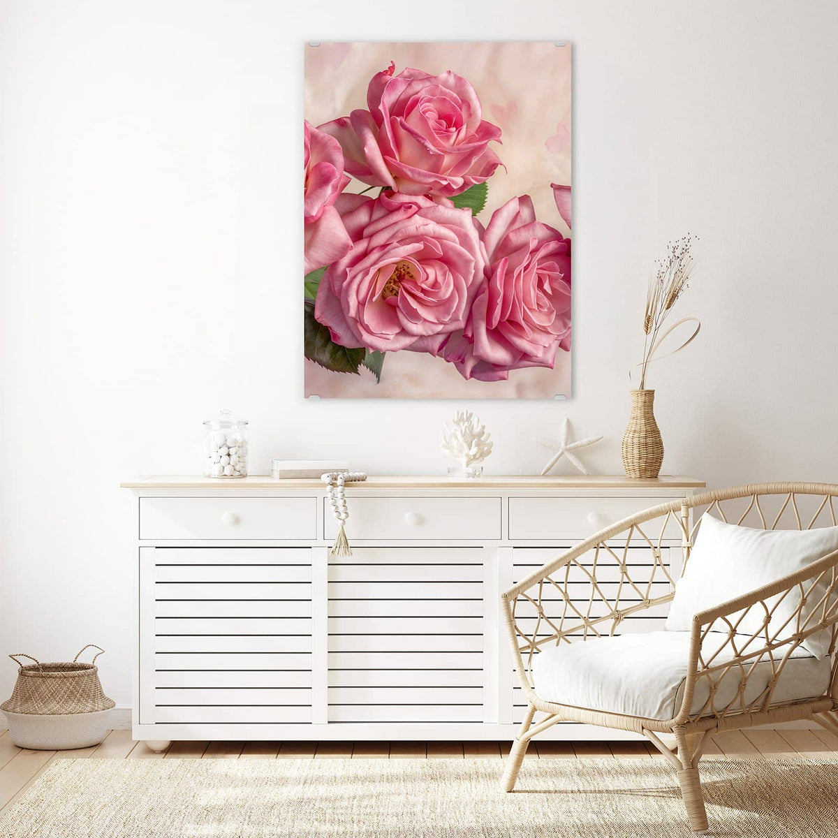Aufhängung liegt bei – Motiv später wechselbar – Wandbild - Rosa Rosenblüten - Hochformat