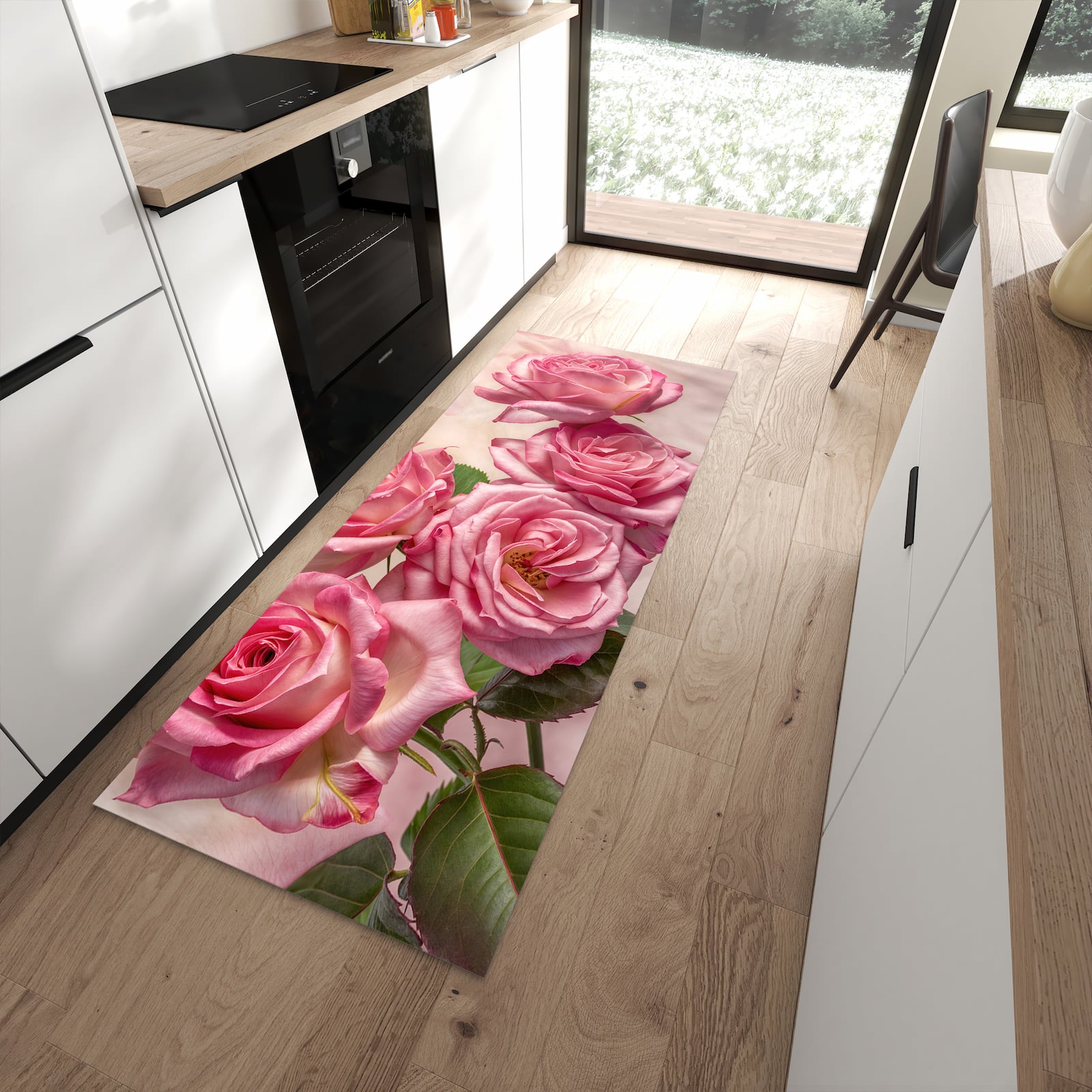 Langlebiger rutschfester Küchenteppich mit Motiv Rosenblütenpracht in moderner Küche