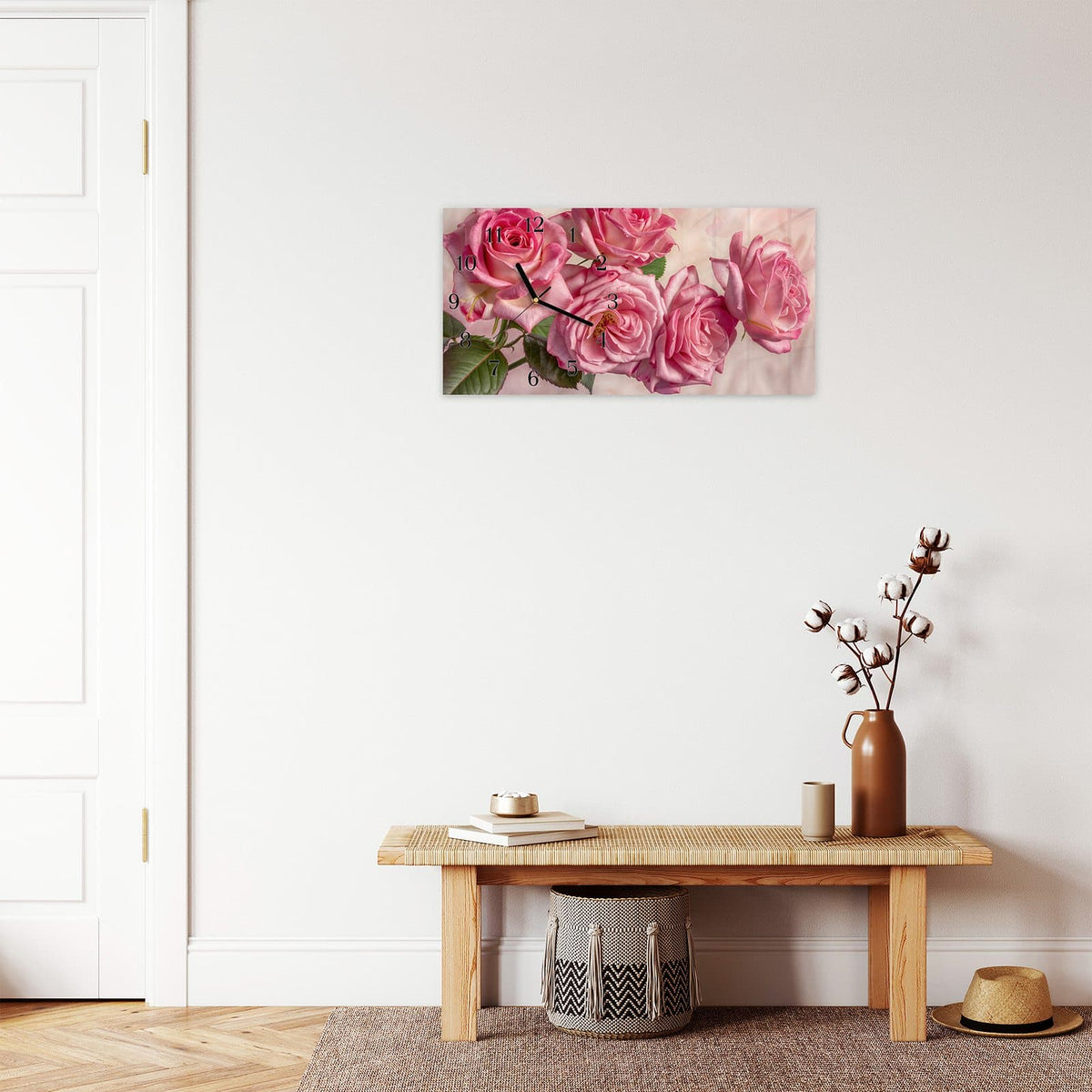Moderne Wanduhr aus Glas mit Farbtiefe – Wanduhr Rosenblütenpracht aus Glas – Querformat 60 × 30 cm