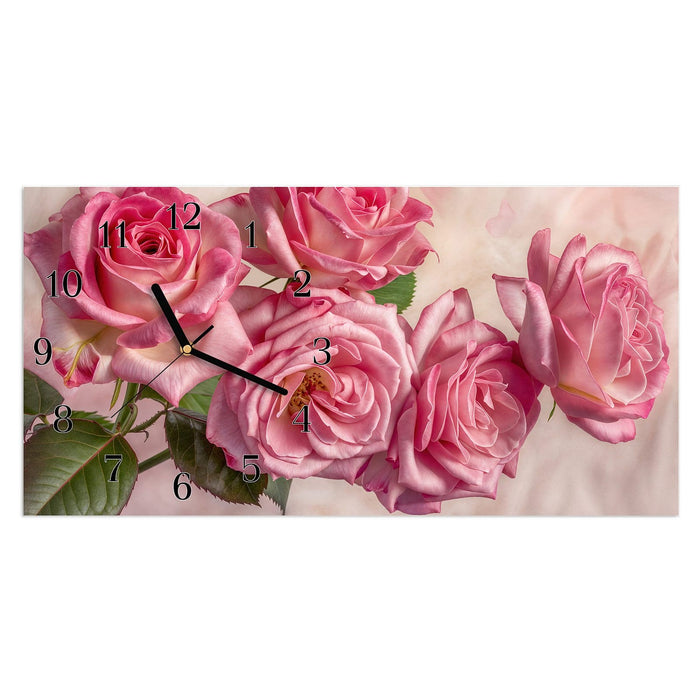 Wanduhr Rosenblütenpracht aus Glas – Querformat 60 × 30 cm mit Ziffernblatt Klassisch