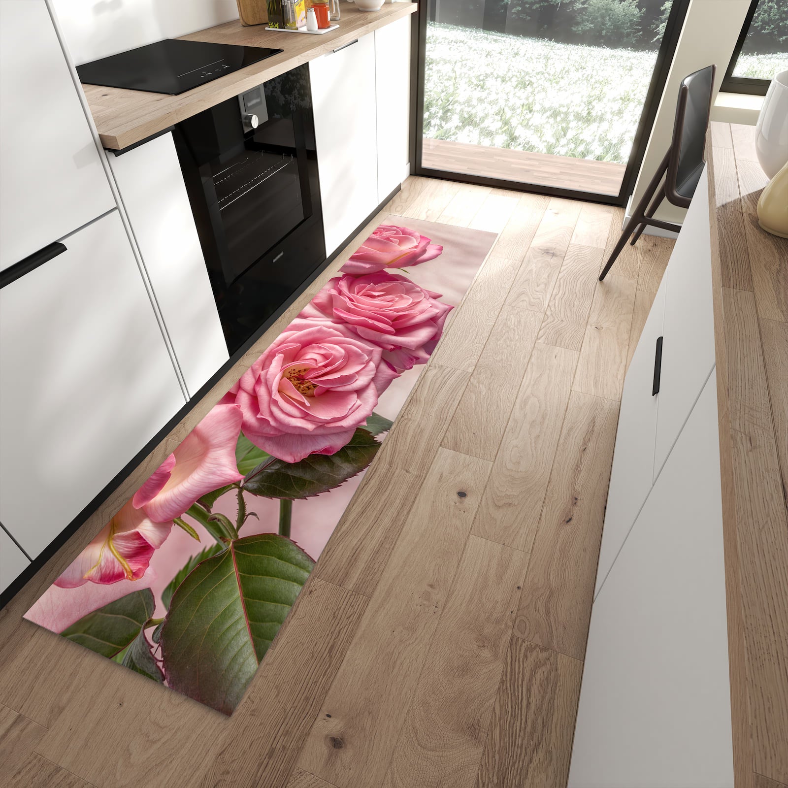 Küchenteppich mit Motiv Rosenblütenpracht für angenehme Haptik in moderner Küche