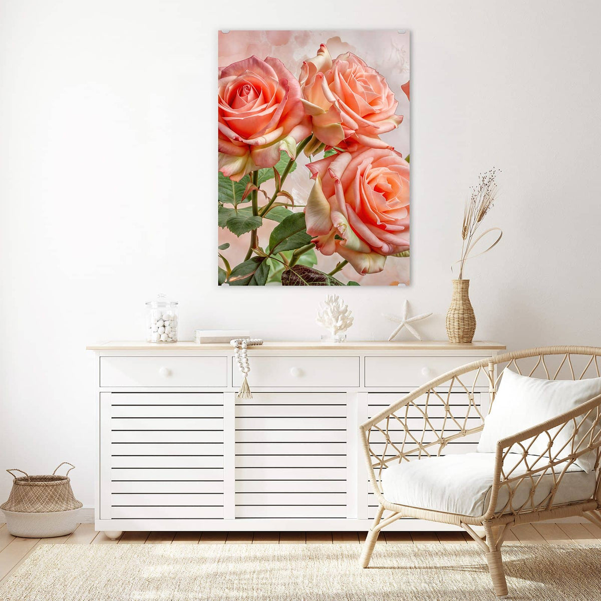 Aufhängung liegt bei – Motiv später wechselbar – Wandbild - Korallenrote Rosen - Hochformat