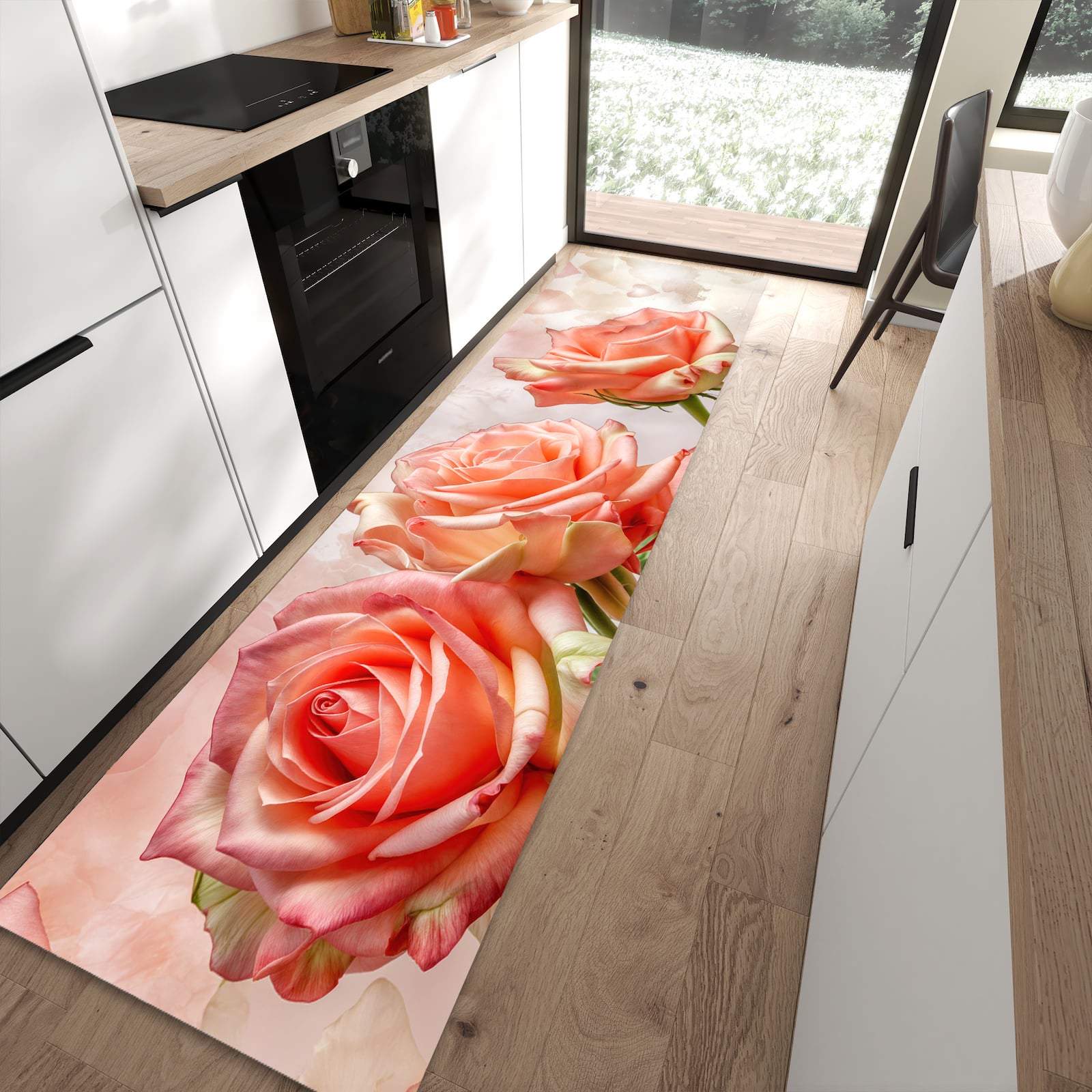 Langlebiger Bodenläufer mit Motiv Rosen Bouquet in moderner Küche