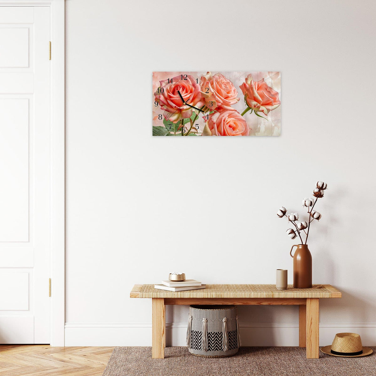 Moderne Wanduhr aus Glas mit Farbtiefe – Wanduhr Rosen Bouquet aus Glas – Querformat 60 × 30 cm