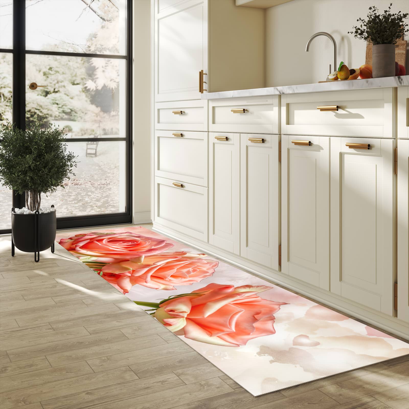 Küchenteppich mit Motiv Rosen Bouquet für Ordnung & Übersicht in heller Küche