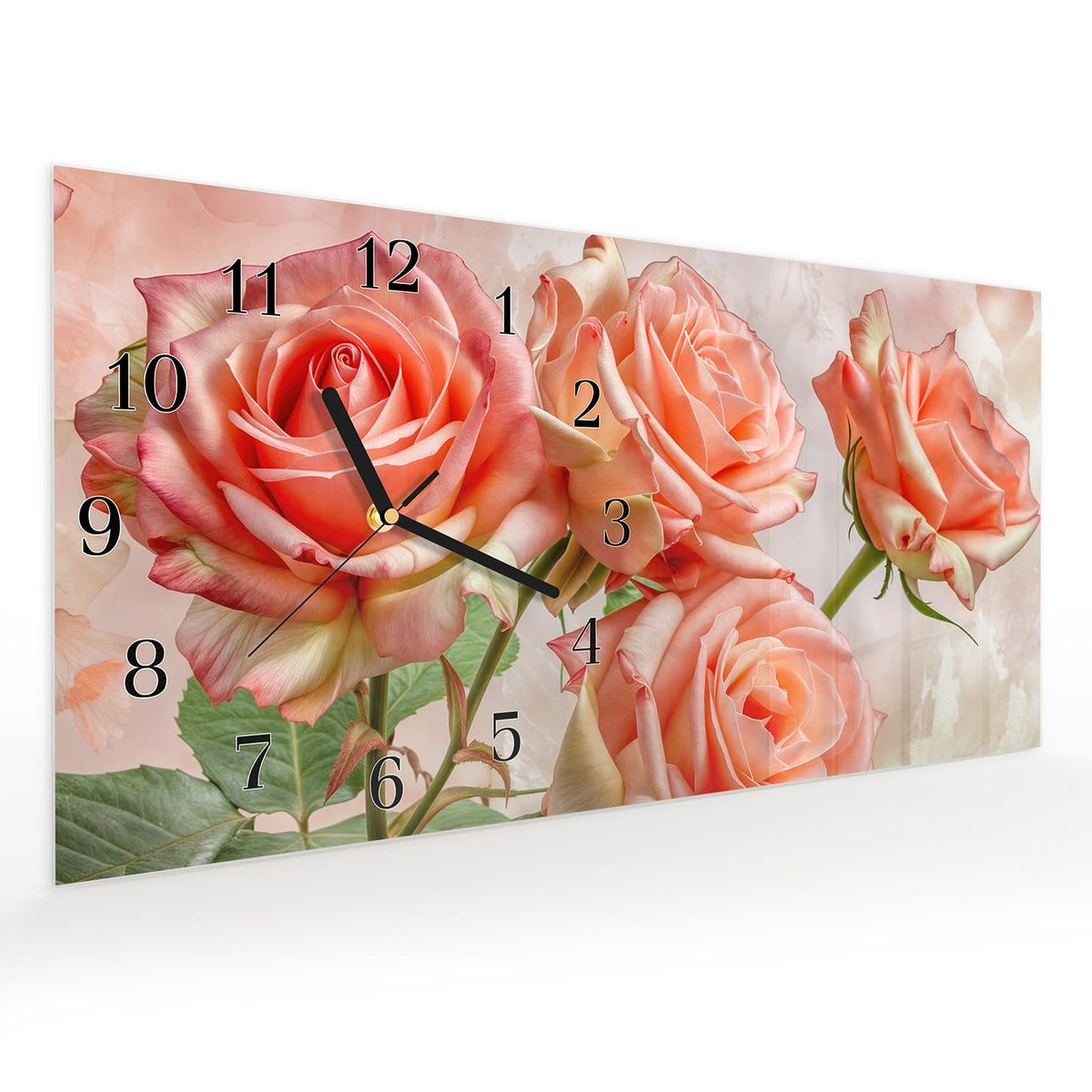 Vormontiert – mit Schwebeeffekt – Wanduhr Rosen Bouquet aus Glas – Querformat 60 × 30 cm