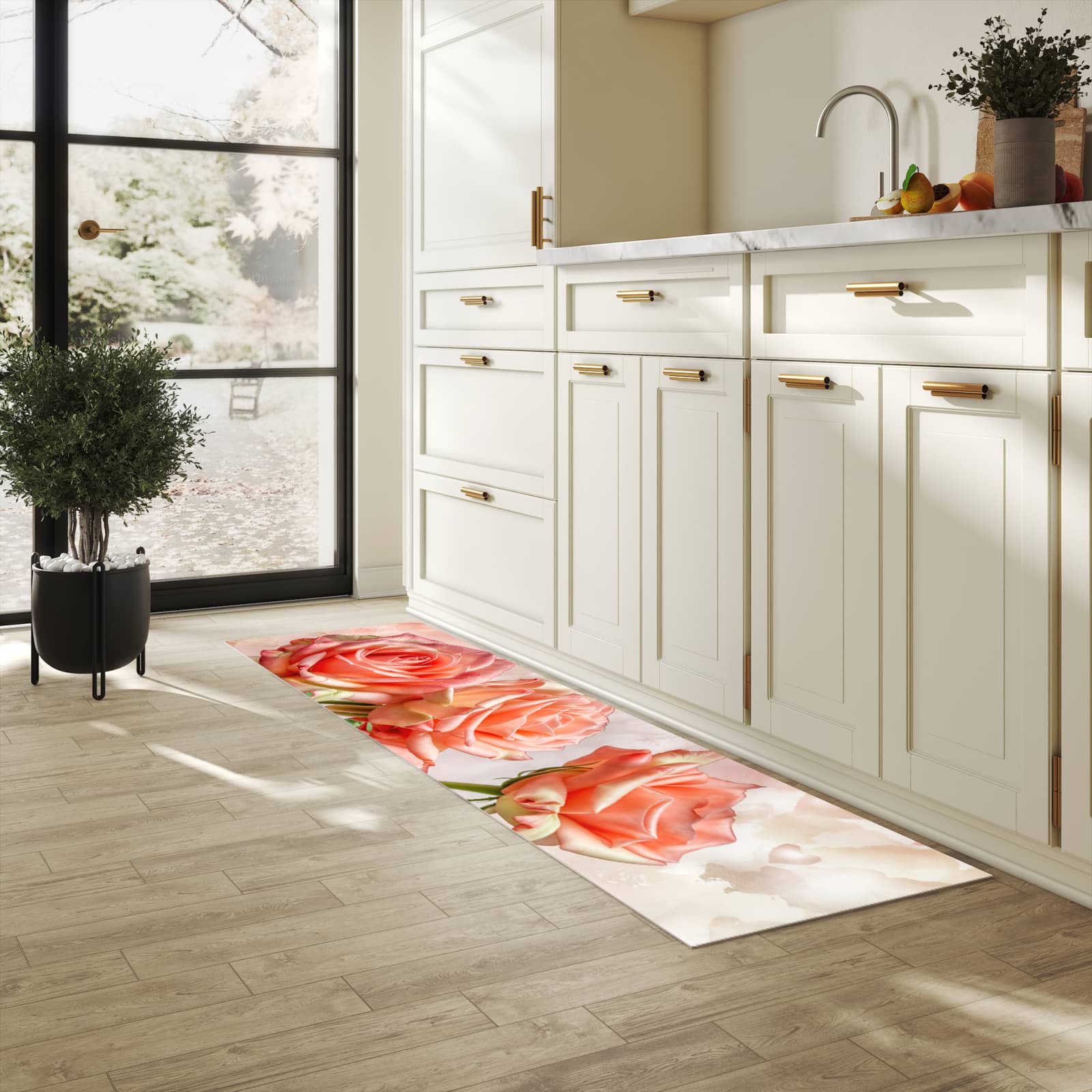 Hygienischer Teppich fürs Esszimmer mit Motiv Rosen Bouquet in heller Küche